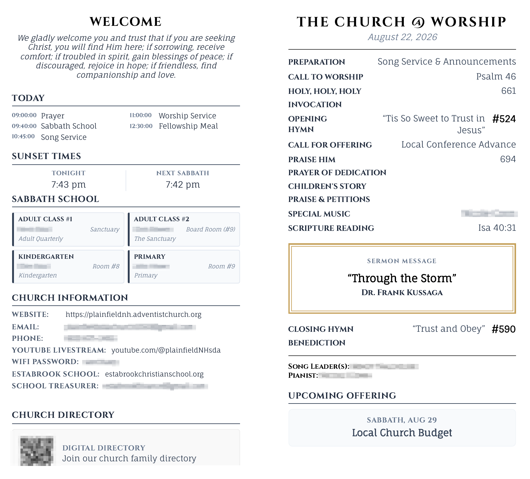 A real Sabbath Stream bulletin — Plainfield SDA Church, August 22, 2026